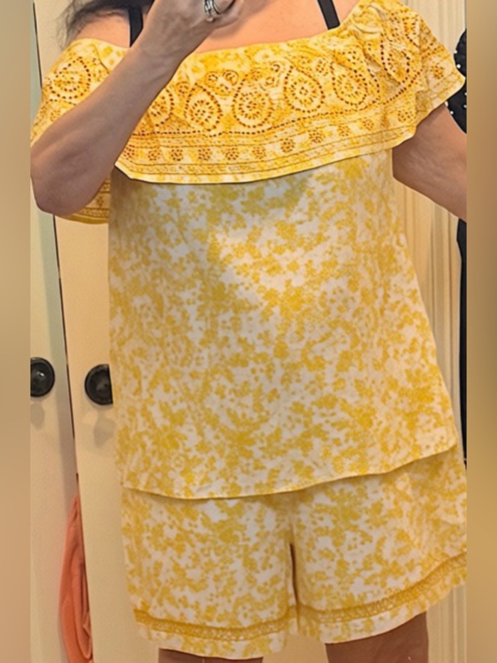Lane Bryant plus 18W shirt shorts outfit yellow floral embroidered off shoulder
